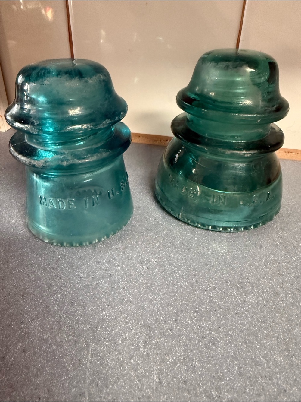 Teal Glass Vintage Telephone Pole Insulator Pair